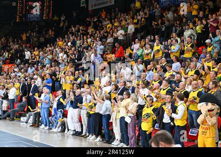 Fans und Fans von Oostende , die während eines Basketballspiels zwischen dem belgischen BC Filou Oostende und den Telenet-Antwerpen-Riesen am zweiten Spieltag des Champions Play-off am dienstag , den 23 . Mai 2023 , im Versluys Dome in Oostende , Belgien , zu sehen waren . PHOTO SPORTPIX | DAVID CATRY Stockfoto