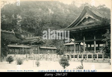 Japanische Szenen von Topographie, Schreinen, Wasserfällen und Straßenszenen im frühen 20. Jahrhundert. Hotels, Vulkane. Stockfoto