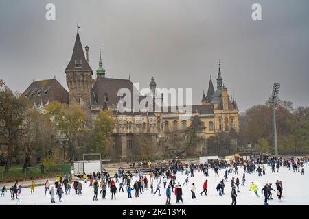 Budapest, Ungarn - 27. November 2022: Schlittschuhläufer in der Nähe der Burg Vajdahunyad im Stadtpark von Budapest an einem bedeckten Wintertag. Stockfoto