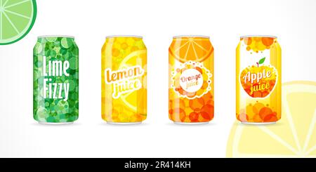 Soda-Dose mit Limette, Orange, Zitrone und Apfel-Etikett. Zitrone, Limette, orangefarbenes Limonadenprodukt, Dosen für Erfrischungsgetränke, isoliert auf weißem Hintergrund. Vektorsymbol Stock Vektor