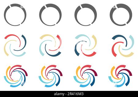 Kreisförmige Bogenschnitte, die in größerer Runde angeordnet sind und Wirbel- oder Lüfterflügel wie Symbol bilden, Version mit vier und sechs Elementen Stock Vektor