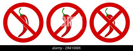 Rotes Chilipfeffer-Symbol in rot gekreuztem Kreis, auch doppelt gekreuzt. Kein Symbol für scharfe Speisen Stock Vektor