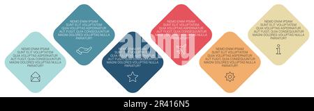 Sechs rotierte Quadrate auf dem Bias nebeneinander können als Infografiken zur Veranschaulichung der Prozessschritte verwendet werden Stock Vektor