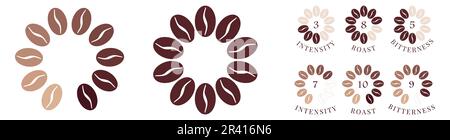 Kaffeestärke rund oder rund, Bohnen in verschiedenen Farben zur Anzeige der Intensität oder Röstung Stock Vektor