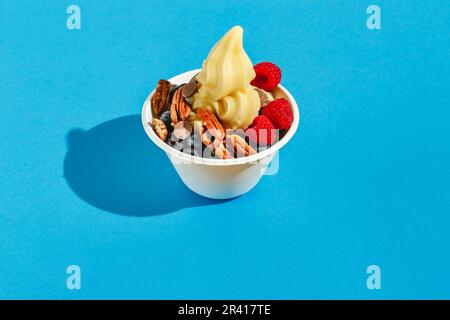 Gefrorener Joghurt mit Himbeeren, Heidelbeeren, Schokoladentropfen und Pekannüssen. Hartes Licht, tiefer Schatten Stockfoto
