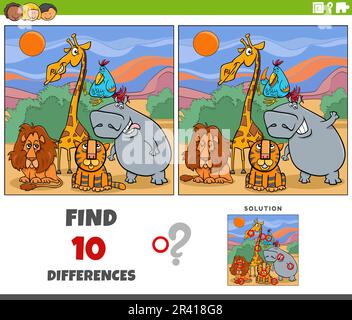 Difference-Spiel mit Cartoon Safari Tierfiguren Stockfoto