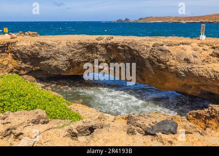 Herrlicher Blick auf die felsige Küste der Insel Aruba im Hintergrund des karibischen Meeres mit natürlicher Brücke. Stockfoto