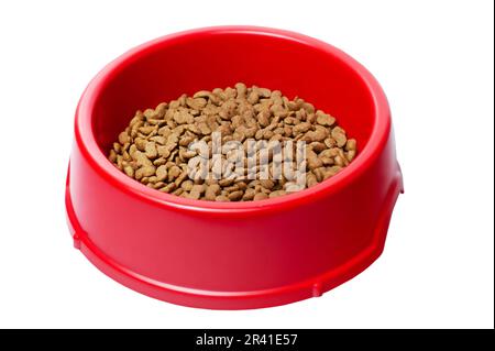 Trockenes Futter für Hunde oder Katzen in einer roten Schüssel isolieren auf weiß. Ausgewogene Ernährung für Haustiere. Stockfoto