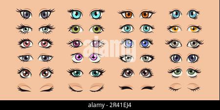 Vector Cartoon Female Eyes Kollektion. Schöne bunte Frauen haben ihre Augen in Manga, Pop Art Comic-Stil geöffnet und geschlossen. Mit "verschieden Girls Eyes" Stock Vektor