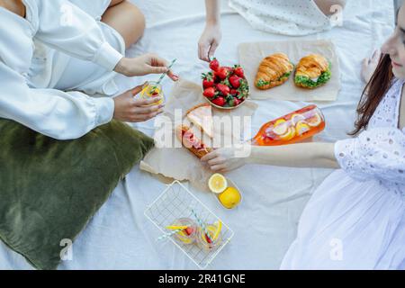 Fröhliche Freundinnen beim Picknick am Ufer eines Flusses Stockfoto