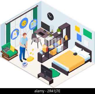 Mental Health Wellness Icons Zusammensetzung mit isolierter Sicht auf das Innere des Hauses und Mann reinigende Raum Vektordarstellung Stock Vektor