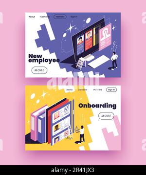 Satz aus zwei horizontalen isometrischen Bannern für die Einstellung neuer Mitarbeiter, isoliert auf pinkfarbenem Hintergrund, 3D-Vektordarstellung Stock Vektor