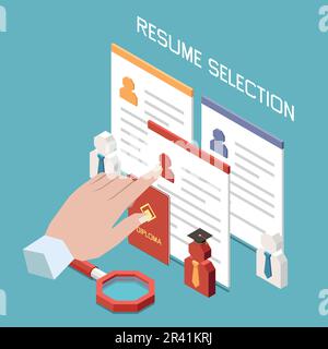 Isometrisches Konzept der Rekrutierung mit der Hand des Kopfjägers zur Auswahl des Kandidaten Lebenslauf 3D Vektordarstellung Stock Vektor