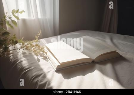 Weißes, festes Einband, Buchmodell, komfortables Wohnzimmer Stockfoto