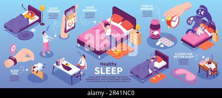 Infografik zum gesunden Schlaf mit Schlaftipps Symbole isometrische Vektordarstellung Stock Vektor