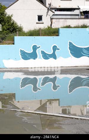 Reflexion in einer grossen Pfütze eines nahegelegenen Wandbildes von schwimmenden Enten. Stockfoto