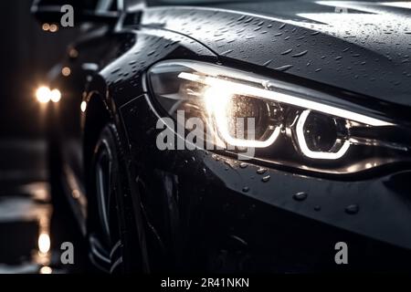 Scheinwerferwaschanlage. Waschen der modernen Fahrzeugkarosserie Stockfoto