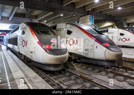 TGV-Duplex-Züge SNCF-Hochgeschwindigkeitszug am Bahnhof Gare Paris Montparnasse in Frankreich Stockfoto