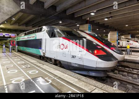 TGV-Züge SNCF-Hochgeschwindigkeitszug am Bahnhof Gare Paris Montparnasse in Frankreich Stockfoto