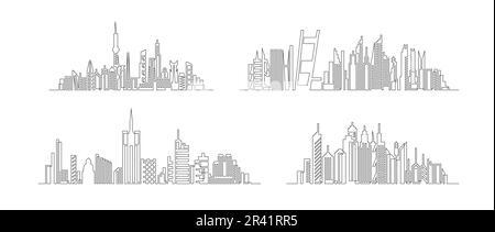 Durchgehende Linienzeichnung von Haus, Wohnbaukonzept. Moderne, trendige Stadtlandschaft durchgehende, lineare Illustration. Stock Vektor