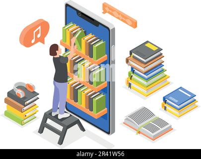 Isometrische Komposition von Hörbüchern mit dem Charakter einer Bibliothekarin mit Bücherregalen in der Vektordarstellung des Smartphone-Bildschirms Stock Vektor