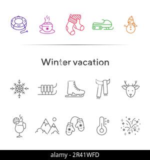 Winterurlaub Line Icon Set mit Weihnachtsstrumpf Stock Vektor