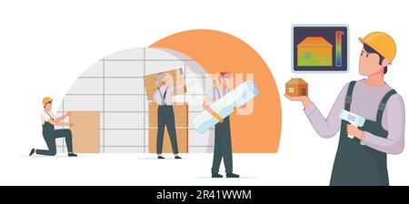 Thermische Isolierung flache Zusammensetzung mit isolierten Ansichten von Konstrukteur mit Modell und Arbeiter, die Wandplatten installieren Vektordarstellung Stock Vektor