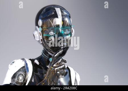Künstlerische 3D-Darstellung eines Cyborgs mit künstlicher Intelligenz Stockfoto