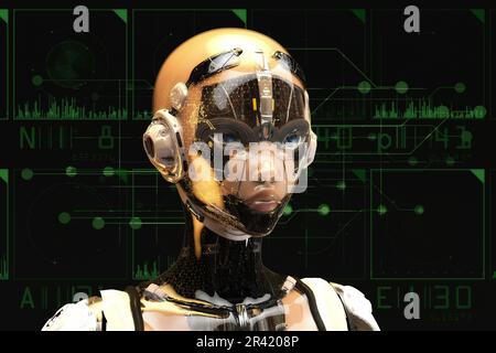 Künstlerische 3D-Darstellung eines Cyborgs mit künstlicher Intelligenz Stockfoto