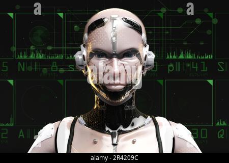 Künstlerische 3D-Darstellung eines Cyborgs mit künstlicher Intelligenz Stockfoto