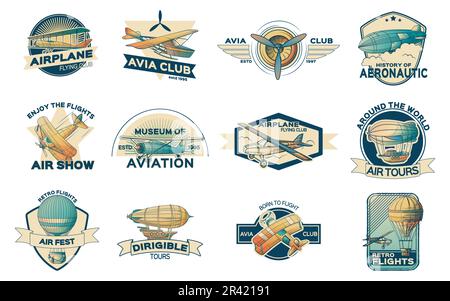 Aeronautics Retro-Vintage-Flugzeugtransportzeichen mit isolierten Kompositionen von Bändern Text und Vektordarstellung von Luftschiffen Stock Vektor