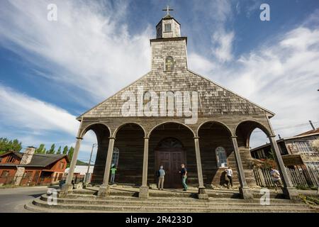 Iglesia Santa María de Loreto, Achao, 1740, Monumento Nacional de Chile, Patrimonio de la humanidad por la Unesco, Archipiélago de Chiloé, Provincia de Chiloé, Región de Los Lagos, Patagonien, República de Chile, América del Sur. Stockfoto