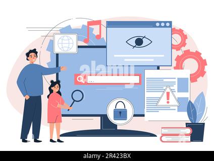 Kindersicherung flache Zusammensetzung von Zahnradsymbolen Desktop-Computer Warnschilder Schloss und Zeichen von Familienmitgliedern Vektordarstellung Stock Vektor