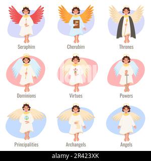 Paradise bible flache Infografik mit neun isolierten Zeichen, die Typen von Engeln mit Textbeschriftungen darstellen Vektordarstellung Stock Vektor