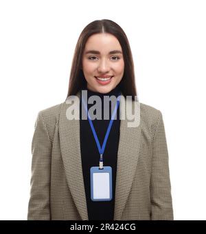 Glückliche Frau mit vip-Pass-Abzeichen auf weißem Hintergrund Stockfoto