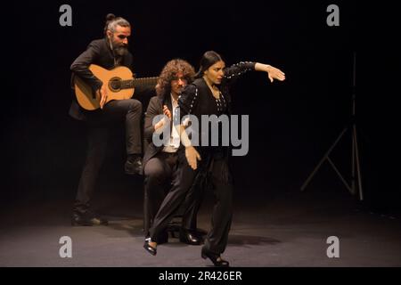 Im Rahmen der Neuauflage des Madrider Flamenco-Festivals, dessen Hauptziel die Ausstellung und Verbreitung von Flamenco und spanischem Tanz ist, ist das Fernán Gómez Centro Cultural de la Villa Gastgeber des neuen Werks von Mariana Collado. Die Premiere in Madrid mit Tanz, choreographiert von Vanesa Coloma und Alfonso Losa, und Livemusik. Das Werk erzählt die Geschichte eines Mädchens, das in Madrid mit einer traditionellen Madrider Familie geboren, ausgebildet und aufgewachsen ist und das Genre des Magazins durch die Hände ihrer Ältesten entdeckte. Es basiert auf den Abenteuern und Erlebnissen der Stadt C. Stockfoto