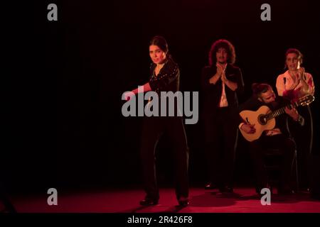 Im Rahmen der Neuauflage des Madrider Flamenco-Festivals, dessen Hauptziel die Ausstellung und Verbreitung von Flamenco und spanischem Tanz ist, ist das Fernán Gómez Centro Cultural de la Villa Gastgeber des neuen Werks von Mariana Collado. Die Premiere in Madrid mit Tanz, choreographiert von Vanesa Coloma und Alfonso Losa, und Livemusik. Das Werk erzählt die Geschichte eines Mädchens, das in Madrid mit einer traditionellen Madrider Familie geboren, ausgebildet und aufgewachsen ist und das Genre des Magazins durch die Hände ihrer Ältesten entdeckte. Es basiert auf den Abenteuern und Erlebnissen der Stadt C. Stockfoto