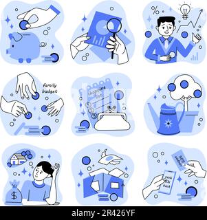 Finanzplanung Familienbudget Einsparung beim Einkaufen Flachkonzepte in blauer, isolierter Vektordarstellung Stock Vektor