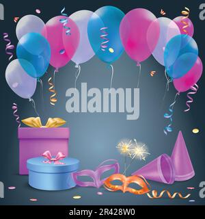 Hintergrund für die Feier mit Ballons und Geschenkboxen Symbole realistische Vektordarstellung Stock Vektor