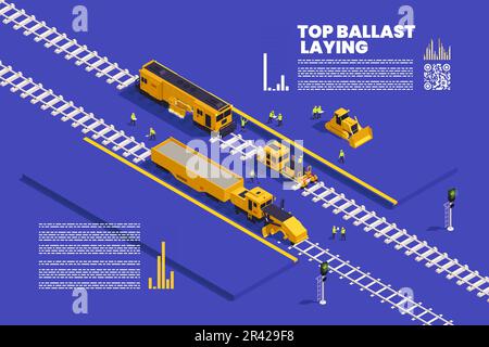 Gleisverlegung Baufahrzeuge Eisenbahnausrüstungen Maschinen isometrische Infografiken mit editierbarem Text und Balkendiagrammen Vektordarstellung Stock Vektor