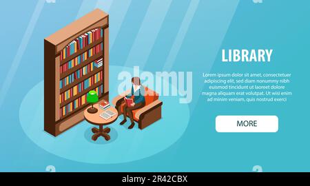 Isometrisches Bibliotheksbanner mit Frau, die Buch liest, in der Nähe der Vektordarstellung des Bücherregals Stock Vektor