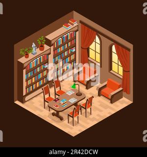 Isometrische Bibliothekseinrichtung mit luxuriösen Möbeln und Bücherregalen, Vektordarstellung Stock Vektor