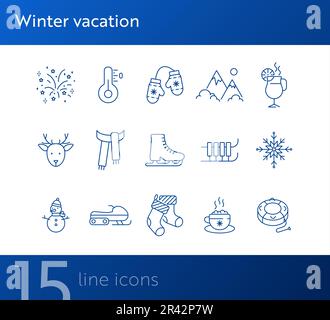 Winterurlaub Line Icon Set mit Weihnachtsstrumpf Stock Vektor