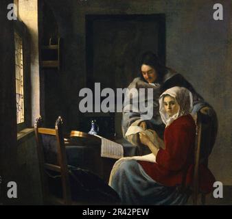 Das Mädchen unterbrach ihre Musik, die 1658-1661 vom niederländischen Maler Johannes Vermeer aus dem Goldenen Zeitalter gemalt wurde Stockfoto