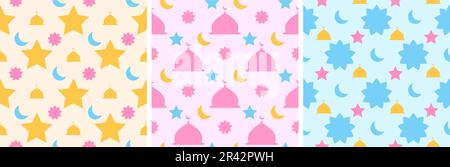 Set von Happy Islamic New Year Seamless Pattern Design Flat Illustration mit muslimischen Elementen in Vorlage handgezeichnet Stock Vektor