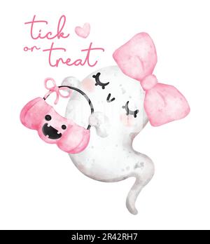 Süßes fröhliches Lächeln, rosa Hallooween-Geist mit leerem Kürbiskorb, Trick oder Leckerbissen, handbemalte Vektor-Grußkarte mit Cartoon-Figur in Aquarell Stock Vektor