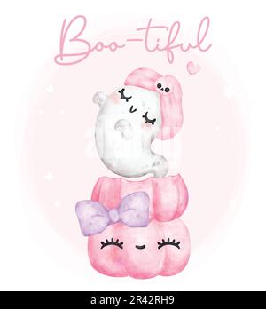 Süßes Kawaii, rosa Geister, Hallooween, das von einem pinkfarbenen, handbemalten Vektor aus einem Pimpkin-Cartoon-Figur geflogen wird Stock Vektor