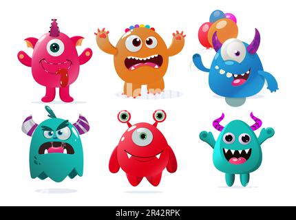 Vektordesign mit Monster-Zeichensatz. Monster niedliche Emoji mit Gesichtsausdruck auf weißem Hintergrund. Geburtstagskartoon-Kollektion mit Vektorgrafik. Stock Vektor