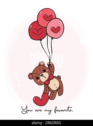 Süße Liebe valentinstag-Teddybär mit Ballons Herz Kritzelhand Zeichnen von Zeichentrickfiguren isoliert auf weißem Hintergrund Stock Vektor