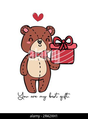 Süßer romantischer Teddybär trägt rote Schleife Geschenkbox Kritzelhand Zeichnen von Zeichentrickfiguren isoliert auf weißem Hintergrund Stock Vektor